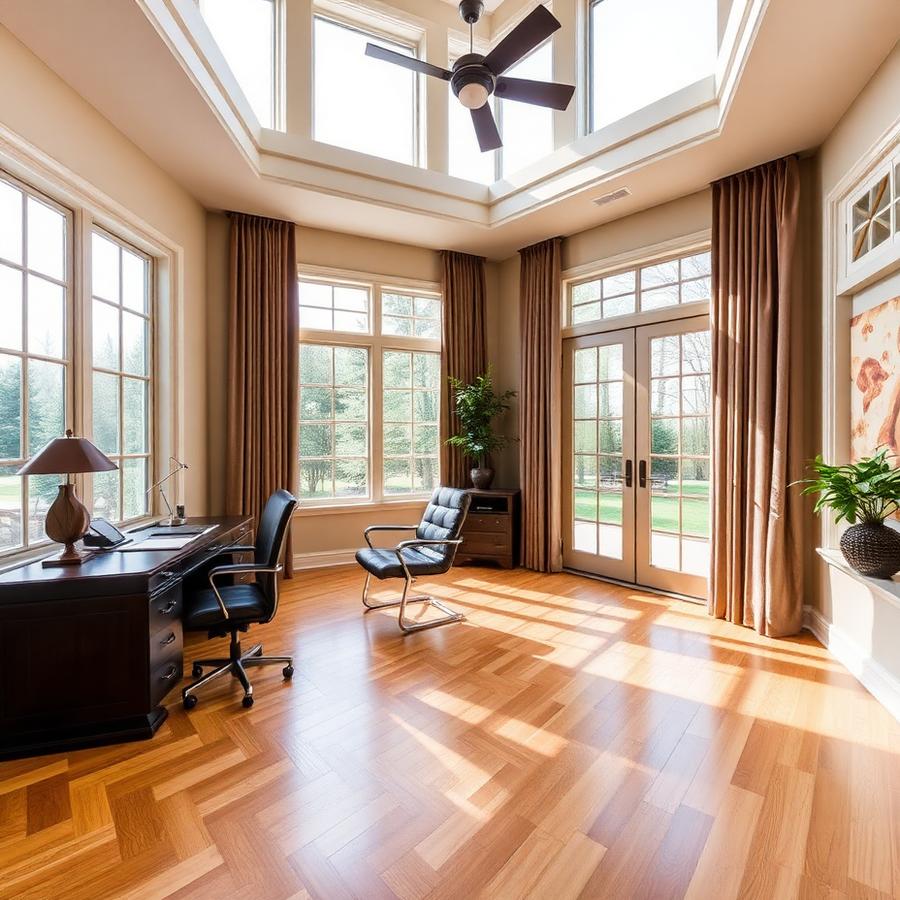 Home office com piso de madeira em espinha