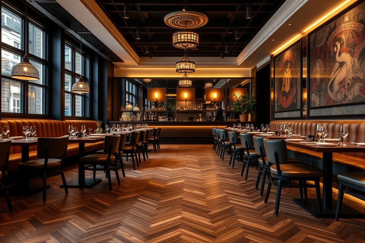 Restaurante com piso vinílico em herringbone